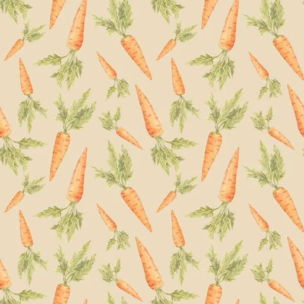 Turuncu suluboya havuçlar ve şeftali arkaplanda pürüzsüz bir desen. Sebzeler toplanır. Çay havluları, ambalaj kağıtları, yemek tarifleri ya da bahar tasarımları için harika.