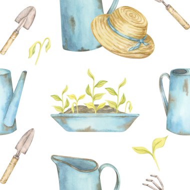 Mavi sulama kutuları, hasır şapka, bahçe malası ve filizlenen tohumlar suluboya bir klipte oluşturur. Bahçe işleri ekolojik dergi kapakları, basılabilir kartlar ya da el işi kağıtları için mükemmel.