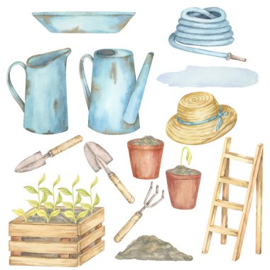 Mavi teneke kutular, kil kaplar, fidan tepsisi, hasır şapka, bahçe aletleri, ve suluboya klitoris seti içinde tahta merdiven. Bahçe etiketleri, ekolojik ambalajlar ya da planlayıcı etiketleri için uygun