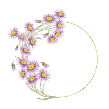 Mor asterlerden yapılmış yarım daire şeklinde bir çelenk. Güzel bir altın yüzük. Yaban Çiçeği yuvarlak kart şablonu Logo tasarımı, ürün mühürleri veya ambalaj üzerindeki dekoratif rozetler için uygun Watercolor Clipart