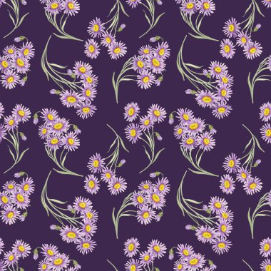 Lekesiz suluboya resimde koyu erik arkaplanındaki mor ve sarı asterlerin yoğun düzenlemeleri. Yaban çiçeği klipsi tekstil baskısı veya zarif ambalaj için uygundur