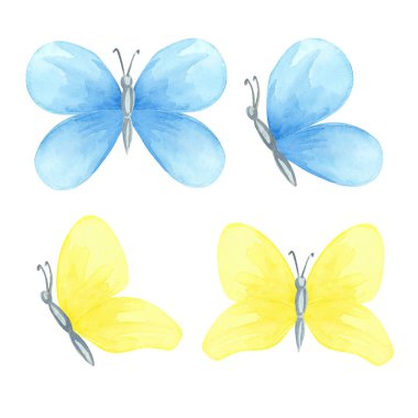 Mavi, sarı, suluboya resimlerle elle boyanmış kelebekler. Bahar temalı çıkartmalar, basılabilir el işleri, kırtasiye setleri ya da hediye etiketi tasarımları için Pastel el çizimi yumuşak bir parça