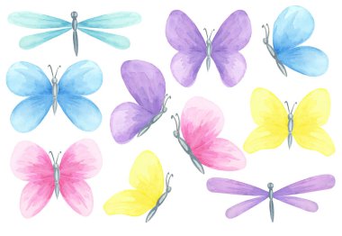 Pembe, mavi, mor ve sarı renkli suluboya kelebekler. El çizimi bahar böceği çizimleri dekoratif çıkartmalar, davetiyeler, çocuk partisi malzemeleri ya da el sanatları malzemeleri için birebir.
