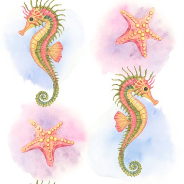 Pembe karınlı zeytin yeşil denizatları ve noktalı mercan deniz yıldızları, suluboya ile renklendirilmiş, kusursuz desenli. Paket kağıdı ve çocuk odası baskıları için harika.