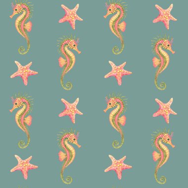 Sessiz mercan denizyıldızı ve yosunlu yeşil denizatları bu suluboya klipsiz desende deniz mavisi arkaplanı üzerinde tekrar ediyorlar. Okyanus temalı kıyafetler, havlular ve plaj malzemeleri için harika..