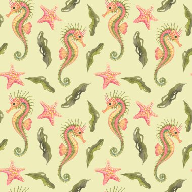 Suluboya mercan denizyıldızı, yumuşak sarı deniz atları ve pürüzsüz tekrar eden haki rengi algler. Bebek giyimi, sargı bezi ve doğal cilt bakımı için birebirdir.