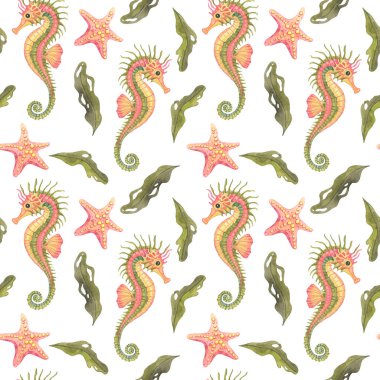 Açık yeşil benekli deniz atları, mercan pembesi deniz yıldızları ve suluboya renklerle renklendirilmiş girdaplı algler. Tekstil ve çocuk yatağı için ideal