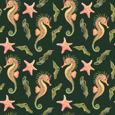 Koyu yosun yeşili arka planda limonlu deniz atları, noktalı mercan denizyıldızı ve koyu temalı suluboya zirvesiz tırmanış deseninde yapraklı yosunlar bulunur. Cesur hediye paketi ve moda kumaşı için mükemmeldir.