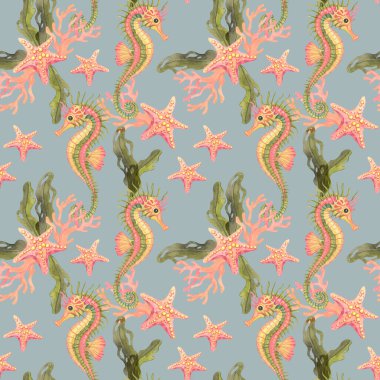 Yumuşak mavi arka planda deniz yosunu olan deniz atları ve deniz yıldızları. Kumaş tasarımları, çocuk ürünleri, planlayıcı sayfalar ya da plaj ürünleri için kusursuz bir suluboya kalıbı
