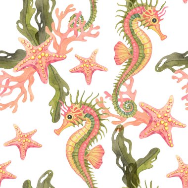 Deniz yosunlarının arasında kıvrılmış deniz atları ve okyanus yıldızları. Bu suluboya çizimi kusursuz desen, yaz giysileri, ambalaj kağıdı, duvar kağıdı veya okyanus temalı ambalaj için harikadır.