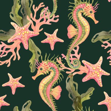 Zeytin denizatları, mercan pembesi deniz yıldızları ve suluboya yosunlar koyu yeşil arkaplan üzerinde bu pürüzsüz desen, kalın kumaş, mayo ya da not defterleri için idealdir.