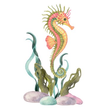 Turuncu yüzgeçli deniz atı, yeşil vücut, tüp süngerler, çakıl taşları ve koyu deniz yosunlarıyla çevrili, okyanus temalı kırtasiye malzemeleri, duvar sanatı veya çanta tasarımları için sualtı boyası olarak boyanmış.