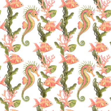 Yeşil-altın renkli denizatları, kurdele benzeri yosunlar, ve sulu boya klima deseninde tekrar eden kızaran denizyıldızları. Doğal kumaşlar, ambalaj kağıtları ve eko markalaşma için uygundur.