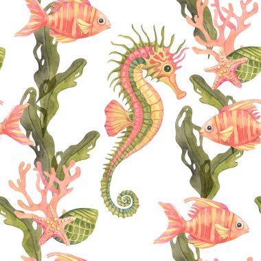 Pembe turuncu resif balığı, alg filizleri, mercanlar ve deniz yıldızları ve suluboya iklimle boyanmış yeşil deniz atları deniz temalı ambalaj, kumaş ve duvar sanatı için kusursuz bir desen oluştururlar.