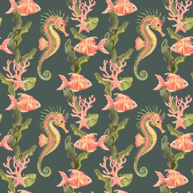 Çizgili mercan denizatları ve yeşil yosunlu pembe deniz yıldızları. Koyu mavi kayrak mavisi, suluboya klima desenli. Kalın tekstil baskıları veya sahil malları için kullan