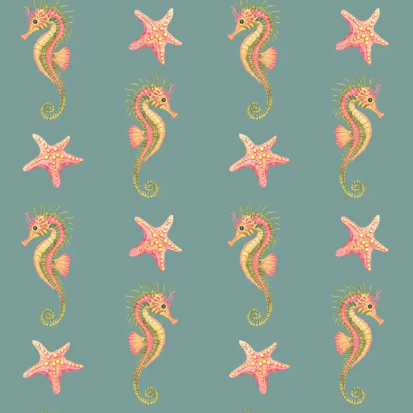 Sessiz mercan denizyıldızı ve yosunlu yeşil denizatları bu suluboya klipsiz desende deniz mavisi arkaplanı üzerinde tekrar ediyorlar. Okyanus temalı kıyafetler, havlular ve plaj malzemeleri için harika..