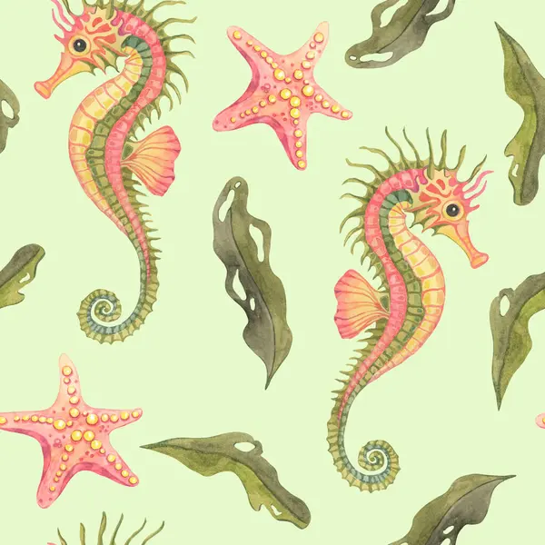 Kızarık pembe deniz atları, şeftali denizyıldızı ve akan yeşil deniz yosunları bu taze sulu boyayı oluşturur. Yeniden kullanılabilir alışveriş torbaları, giysi ve organik ürün etiketleri için ideal.