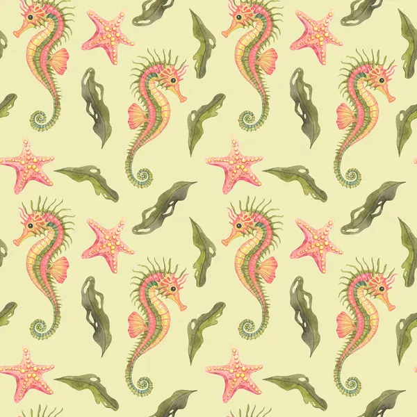 Suluboya mercan denizyıldızı, yumuşak sarı deniz atları ve pürüzsüz tekrar eden haki rengi algler. Bebek giyimi, sargı bezi ve doğal cilt bakımı için birebirdir.