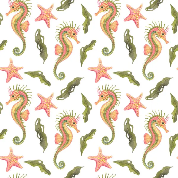 Açık yeşil benekli deniz atları, mercan pembesi deniz yıldızları ve suluboya renklerle renklendirilmiş girdaplı algler. Tekstil ve çocuk yatağı için ideal