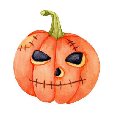 Portakal rengi balkabağı, kızgın gözleri suluboya ile boyanmış balkabağı feneri. Ürkütücü poster tasarımları, Ekim baskısı, şaka mı şeker mi etiketleri ve temalı parti malzemeleri için ideal.