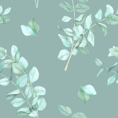 Yeşilli okaliptüs yaprakları, yoğun ve pürüzsüz bir desen oluşturur. Suluboya çizimi. Duvar kağıdı tasarımları, tekstil ve çevre dostu ambalaj kavramları için idealdir.