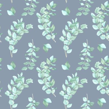 Okaliptüs yaprakları yumuşak mavi-yeşil renklerle tozlu mavi bir arka plana kurulur. Bu suluboya desen iç tasarım projeleri, kumaş baskısı ve botanik temalı web sitelerine uyuyor