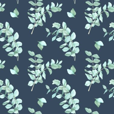 Derin donanma arka planında yeşil yapraklı okaliptüs dalları suluboya boyayla boyanmış. Kusursuz botanik desenler moda baskıları, ambalaj kağıdı ve şık ev aksesuarları için idealdir.