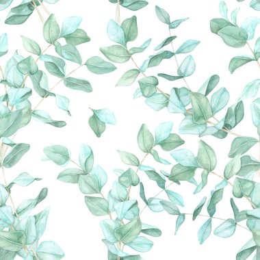 Yumuşak suluboya fırça darbeleriyle boyanmış açık yeşil okaliptüs dalları. Bu bitkisel yaprak deseni dekoratif ambalaj kağıdı, dijital tasarımlar ve ev dokuması için çok uygun.