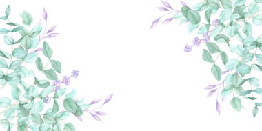 Narin mor aksanlı yeşil okaliptüs yaprakları yumuşak suluboya bir çerçeve oluşturur. Bu botanik bayrağı kartvizitler, düğün şablonları, ürün ambalajları için harika.