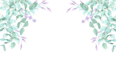 Zarif okaliptüs, suluboya ile yeşil yapraklı bir botanik çerçeve oluşturur. Bu clipart pankartı dijital yapıştırma, markalaşma unsurları, tebrik kartları ve zarif olay davetiyeleri içindir.