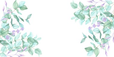 Elle boyanmış okaliptüs dalları mor ipuçları içeren suluboya klişe bir çerçeve. Sosyal medya paylaşımları, web sitesi dekorasyonu, davetiyeler ve çevre dostu ürünler için bu pankartı kullanın