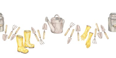 Sarı çizmeler, eldivenler, bahçe aletleri ve sulama kutuları sınırsız suluboya klikürü oluşturur. Başlık grafikleri, afişler, albüm ayırıcıları, etiketler ve doğal ürün markalaşması için harika