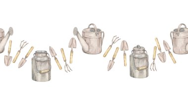 Gri sulama kutuları, küçük aletler ve dikişsiz sınır suluboya resimlerinde sıralanmış bahçe çatalları. Paketleme, planlama yayılımı, etiketleme ve bahçe davetlerinde sınırlar için idealdir