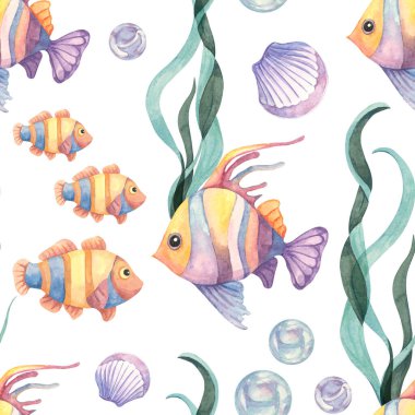 Suluboya balıkları, deniz yosunu ve deniz paleti desenli deniz kabukları. Parti malzemeleri, ambalaj, planlama sayfaları ve kreş tekstili için bu suluboya klipini kullanın.