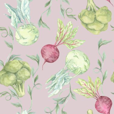 Kohlrabi, pancar ve brokoli soluk pembe üzerine yumuşak yeşil suluboya tonlarıyla boyanmış. Yeniden kullanılabilir ambalajlar, organik ürün markalaşması ve mutfak temalı kağıt için kusursuz bir örnek.