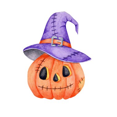 Mor cadı şapkası ve tokası ile suluboya klibi tarzında boyanmış turuncu balkabağı. Cadılar Bayramı davetiyeleri, çıkartmalar, giysiler ve kupalar için şenlikli kompozisyon öğesi