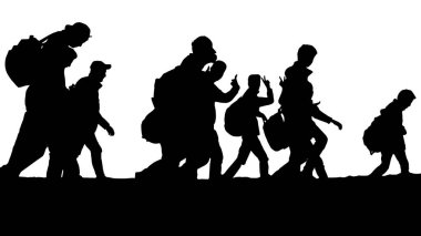 Beyaz Arkaplanda Yürüyen Mültecilerin Vektör İllüstrasyonu