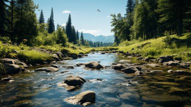 A Mountain River Cascading Through A Lush, Deep Forest, Surrounded By Towering Trees clipart