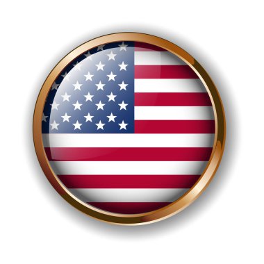 ABD bayrağı düğmede, Amerikan bayrak vektör simgesi. Beyaz arka planda ABD bayrağı olan parlak yuvarlak simge