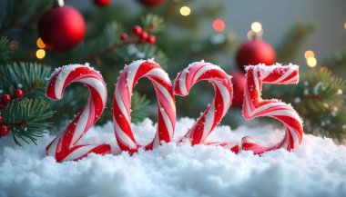 Karda, Noel ağacı ve bokeh arkaplanlı 2025 numaralı şeker kamışları.