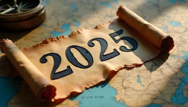 Yeni yıl 2025 bir harita üzerinde bir pusula ve bir haritayla.