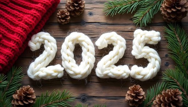 С Новым Годом 2025, написанным вязаными цифрами на деревянном фоне.