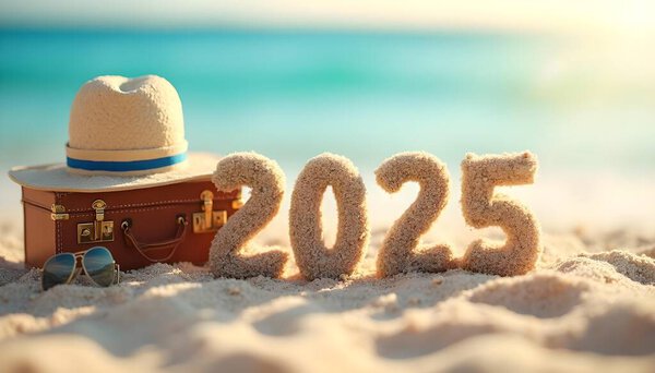 Новогодняя концепция с шляпой, чемоданом, солнцезащитными очками и цифрами 2025 на пляже.