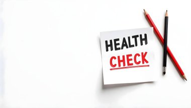 HEALTH CHECK text message on paper with pencil on white background clipart