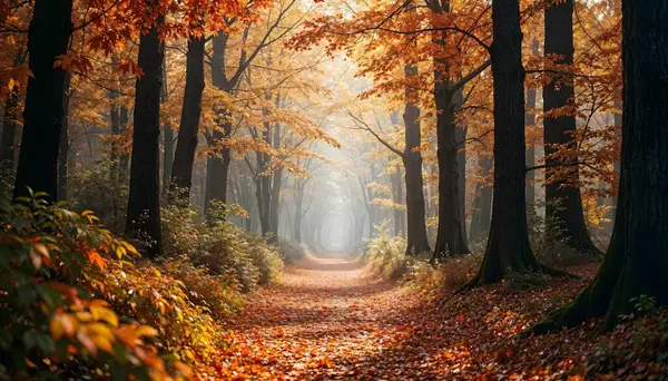 Path in the autumn forest with colorful leaves and sunbeams.