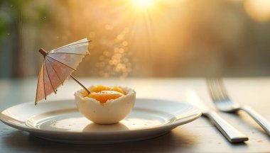 A creative breakfast presentation with a sunny-side-up egg topped with a tiny umbrella. clipart