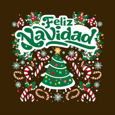 Feliz Navidad Noel ağacı harfleri t-shirt, poster, tebrik kartı, çıkartmalar için kışın vektör tasarımı