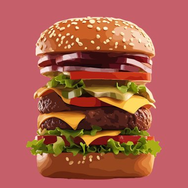 Klasik Tavuklu Çizburger Burger Seaburger vektörel illüstrasyon: Yemek reklamını kapat.