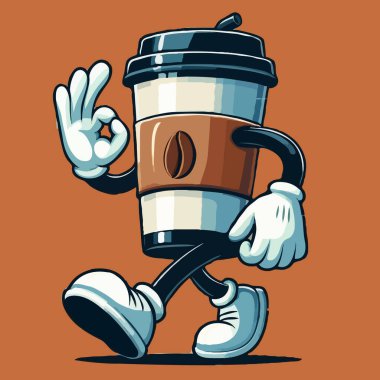 Walking coffee cup Cartoon Mascot character Vintage eps vector illustration suitable for Coffee shop or cafe logo or print design, isolated on a light background, Retro cup of hot drink pop art. clipart