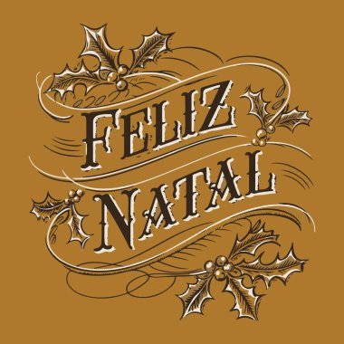 Feliz Natal Portekizce el yazısı kışın Noel ağacı temsilcisi illüstrasyonunu çizdi